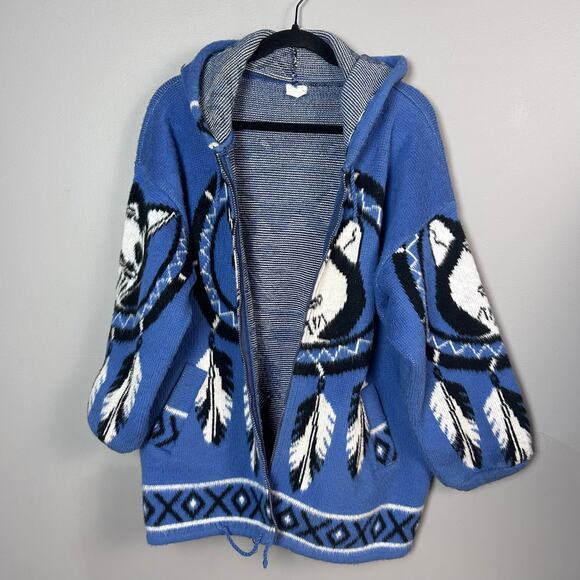 Yari Artesanias Sweater Jacket Large Wolf Nature wool Ecuador Blue‎ Hoodie VTG - Picture 9 of 14